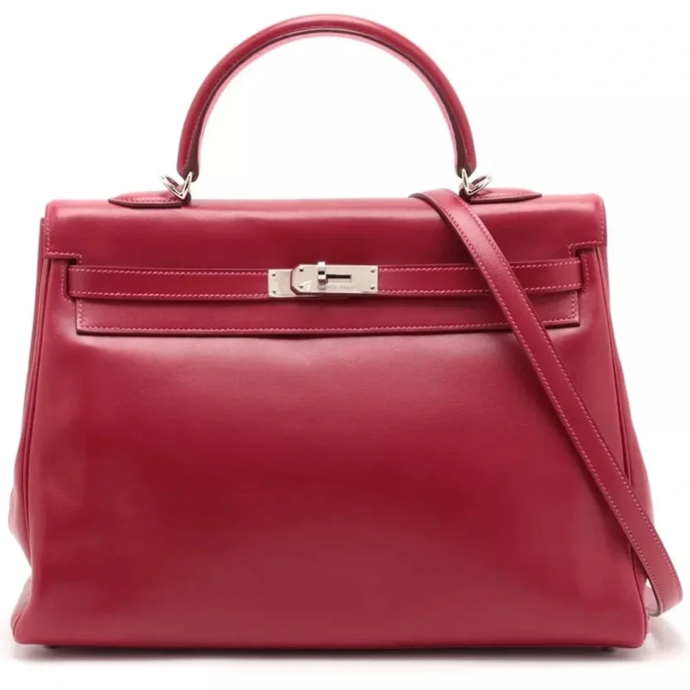 ♥️SOLD!💃🏽 AUTHENTIC HERMES Kelly 35cm Verso ROUGE & Pink Rose Tyrian Leather - Picture 5 of 9